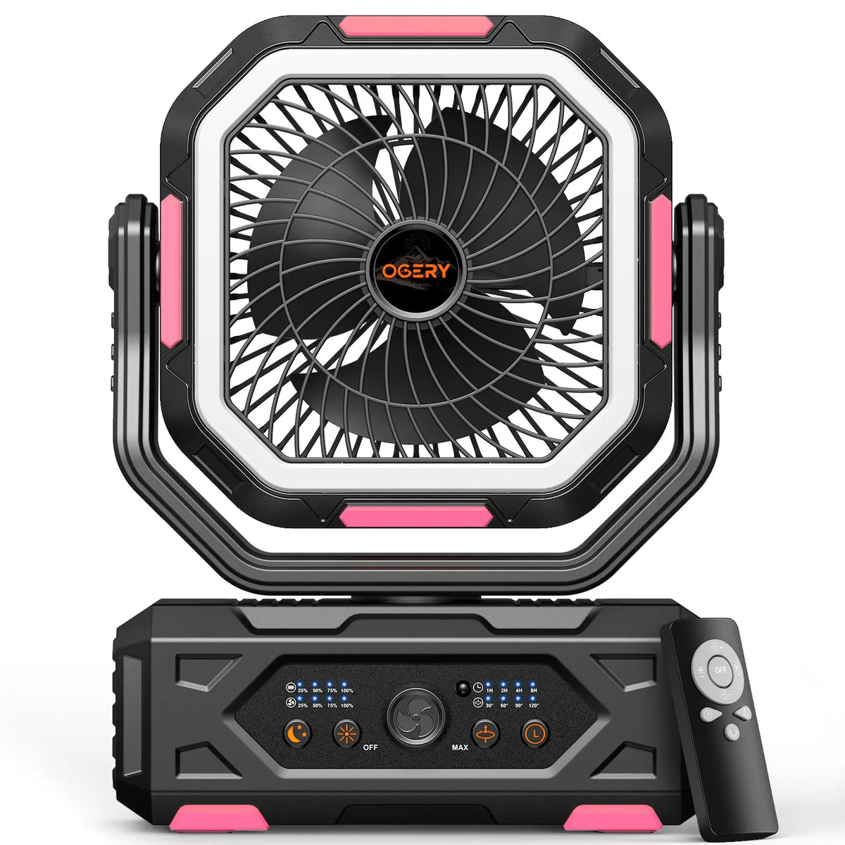 Ventilador de camping Punto Global OGERY 2026 con luz LED, batería de 30000mAh, control remoto y diseño giratorio