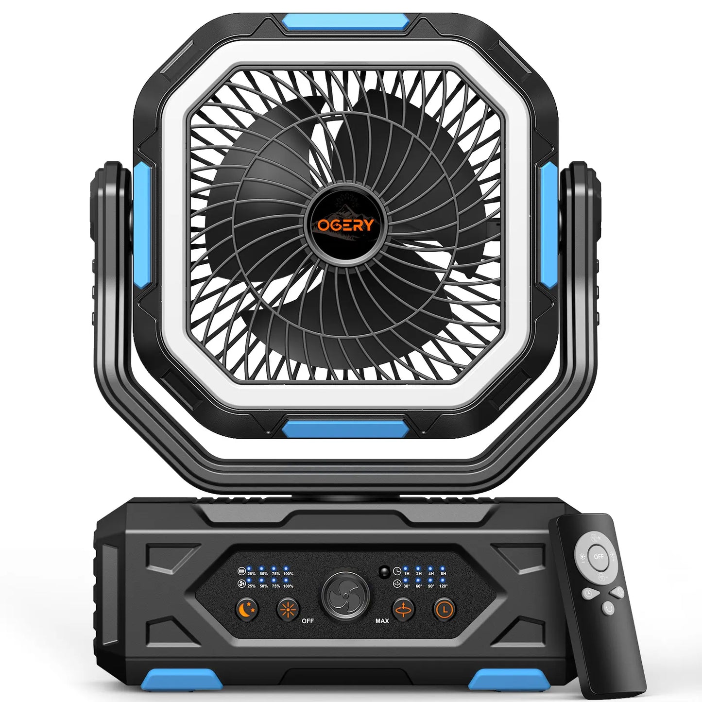 OGERY 2026 Upgraded Camping Fan, 30000Mah Rechargeable Fan with LED Lights & 270° Pivot, Remote Control Shaking Head Desk Fan for Tent Travel Home Multifunction Outdoor Activities