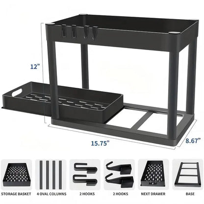 2PC Black 2-Tier Sliding under Sink Organizer Rack with Drawer & 4 Hooks, Multi-Purpose Storage for Bathroom & Kitchen