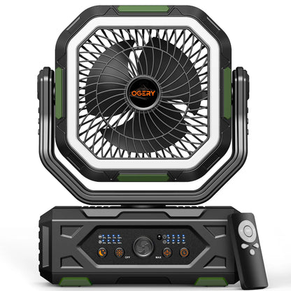 OGERY 2026 Upgraded Camping Fan, 30000Mah Rechargeable Fan with LED Lights & 270° Pivot, Remote Control Shaking Head Desk Fan for Tent Travel Home Multifunction Outdoor Activities