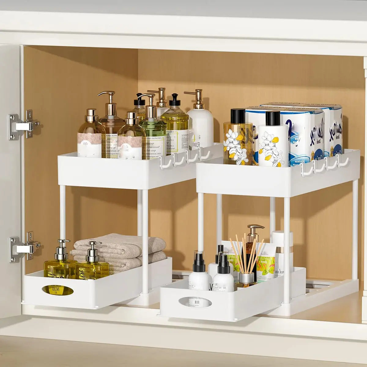 Organizador Punto Global de 2 niveles bajo fregadero en color blanco con cajones extraíbles y ganchos para cocina o baño