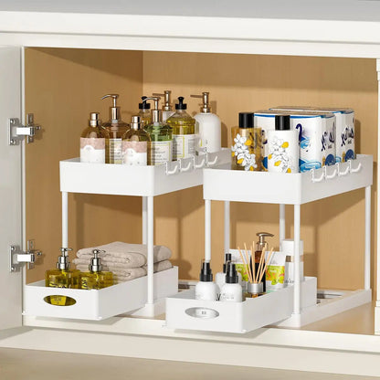 Organizador Punto Global de 2 niveles bajo fregadero en color blanco con cajones extraíbles y ganchos para cocina o baño
