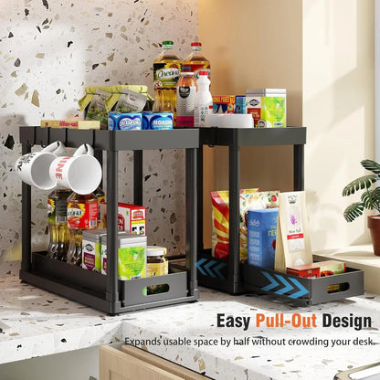 Organizador Punto Global de 2 niveles en color negro con cajón deslizante y ganchos para cocina o baño