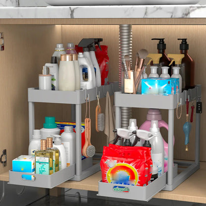 Organizador Punto Global de 2 niveles bajo fregadero con cajón extraíble y ganchos, color gris para cocina y baño