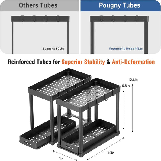 Organizador Punto Global de 2 niveles bajo fregadero en color negro con cajones deslizantes y ganchos para cocina