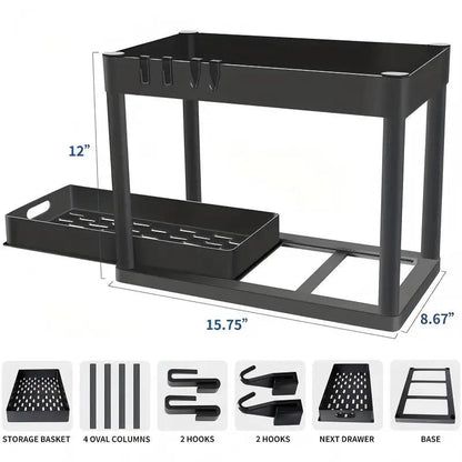 Organizador Punto Global de 2 niveles color negro con cajón deslizante y ganchos para cocina o baño