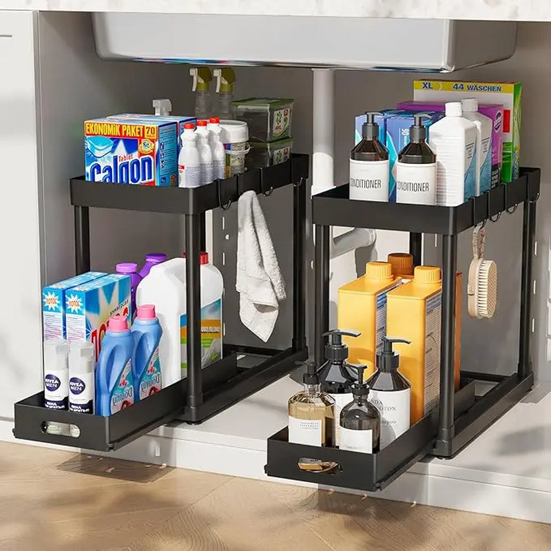 Organizador Punto Global bajo fregadero de 2 niveles en color negro con cajones deslizantes y ganchos para cocina