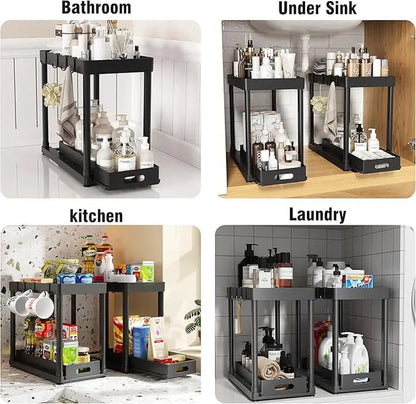 Organizador Punto Global de 2 niveles en color negro con cajón deslizante y ganchos para cocina y baño