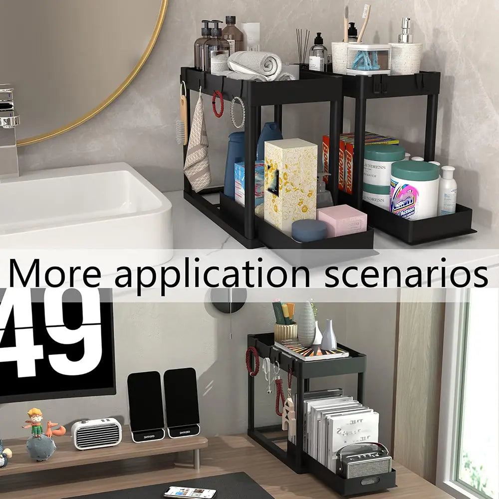 Organizador Punto Global de 2 niveles negro con cajón deslizante y ganchos para baño o cocina