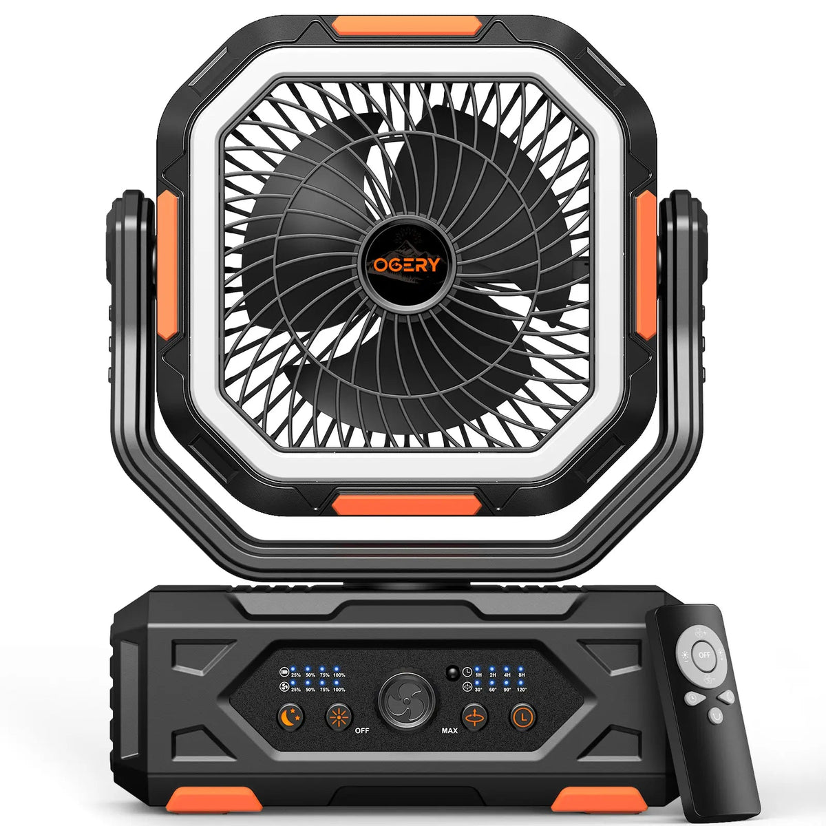Ventilador de camping Punto Global OGERY 2026 negro con luz LED, batería de 30000mAh, control remoto y pivote de 270°