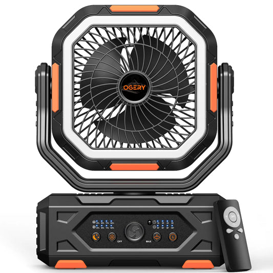 Ventilador de camping Punto Global OGERY 2026 negro con luz LED, batería de 30000mAh, control remoto y pivote de 270°