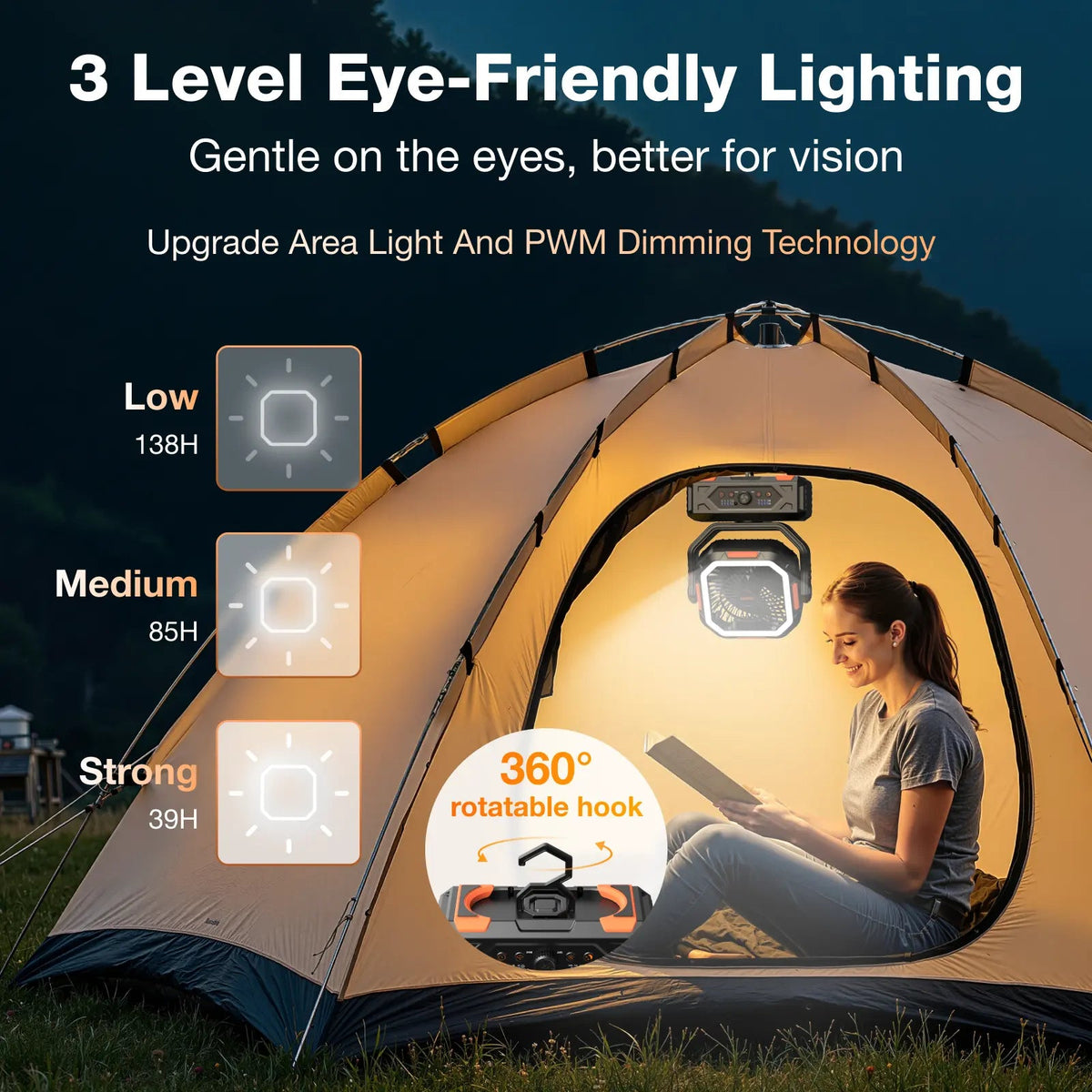 Ventilador de camping Punto Global OGERY 2026 con luz LED ajustable colgado en una tienda de campaña iluminada