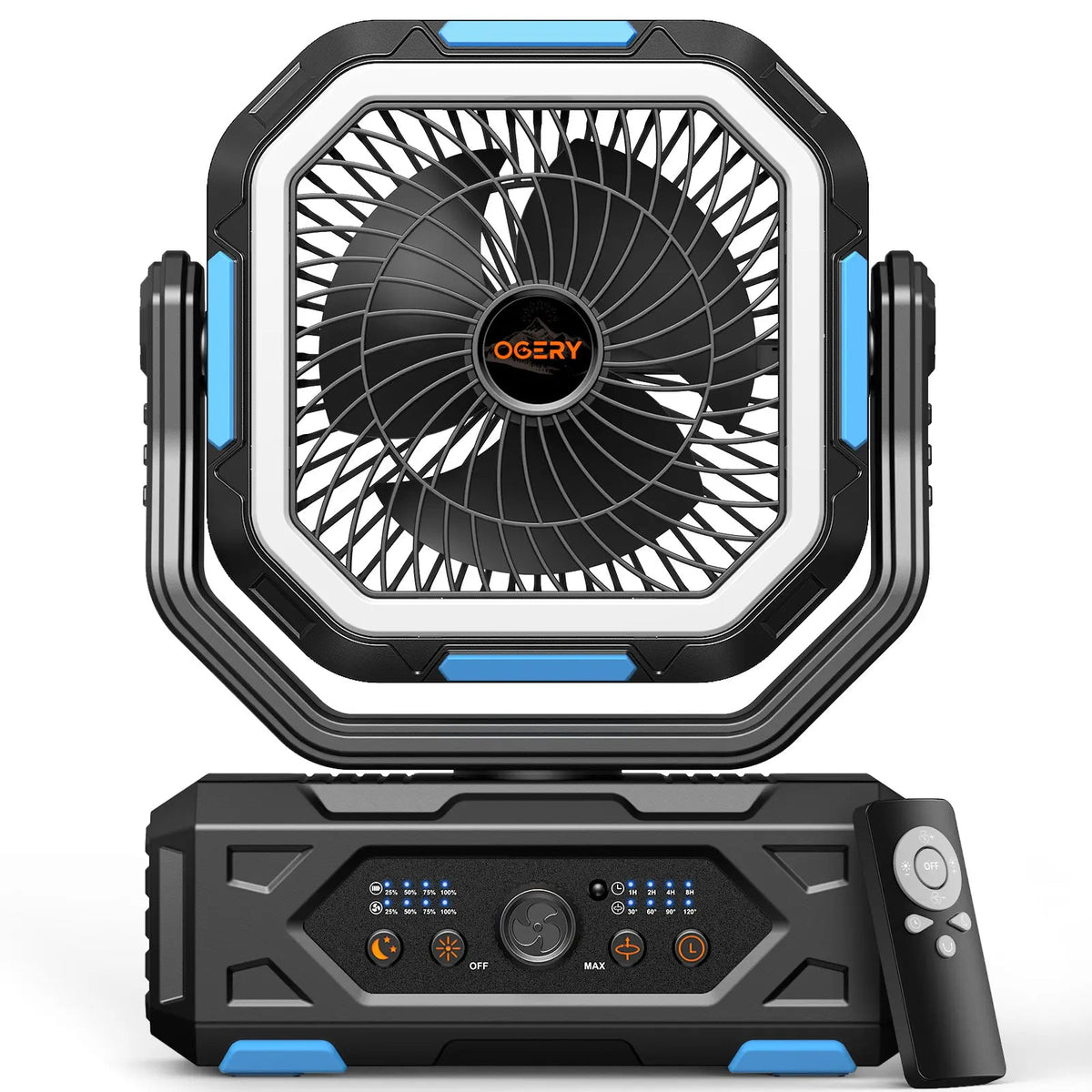 Ventilador de camping Punto Global OGERY 2026 con luz LED, batería de 30000mAh, control remoto y diseño pivotante.