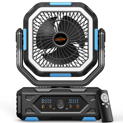 Ventilador de camping Punto Global OGERY 2026 con luz LED, batería de 30000mAh, control remoto y diseño pivotante.