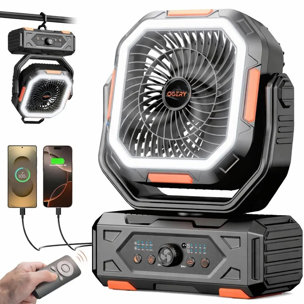 Ventilador de camping Punto Global OGERY 2026 negro con luz LED, batería de 30000mAh, control remoto y asa de transporte