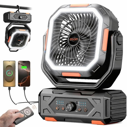 Ventilador de camping Punto Global OGERY 2026 negro con luz LED, batería de 30000mAh, control remoto y asa de transporte