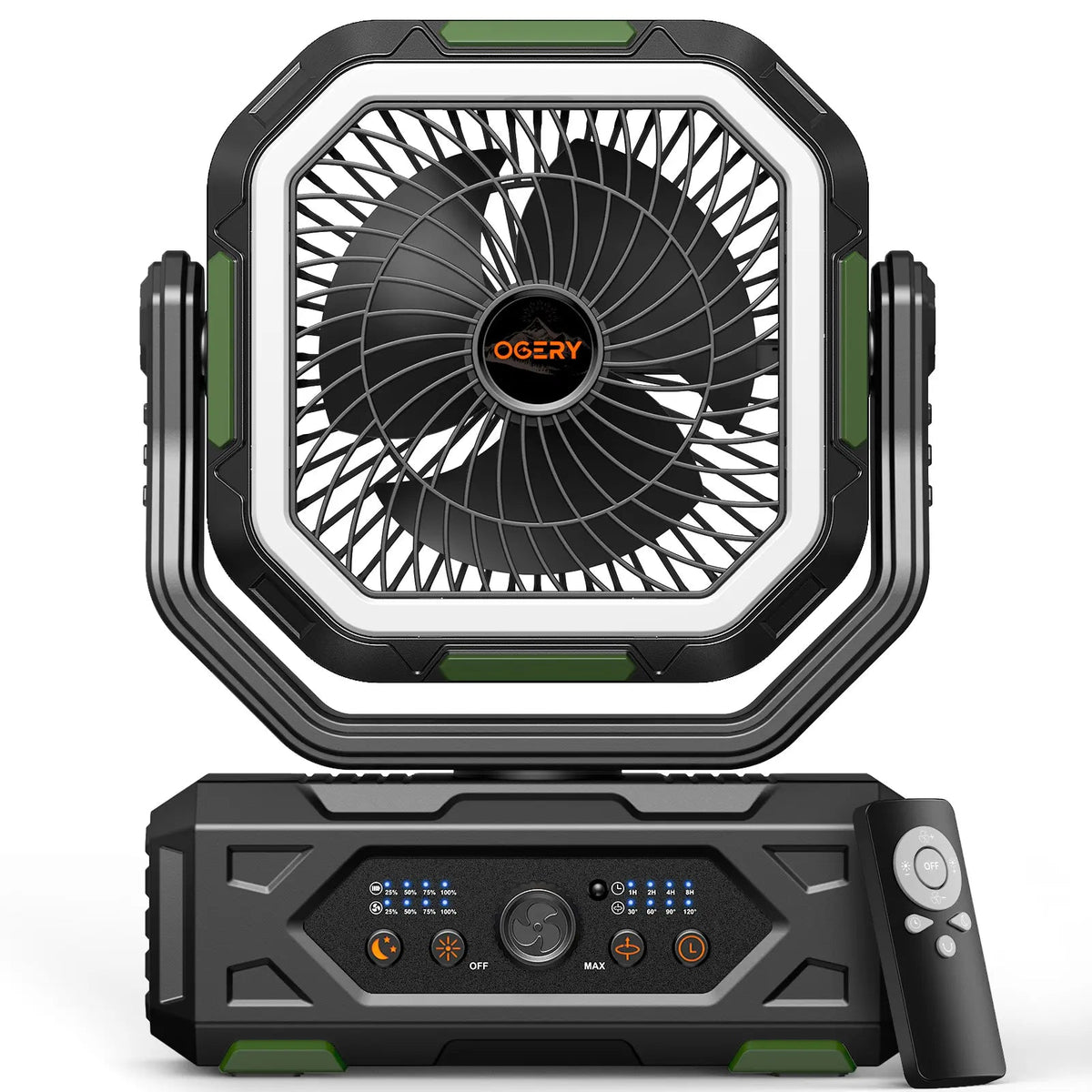 Ventilador de camping Punto Global OGERY 2026 con luz LED, batería de 30000mAh, control remoto y diseño pivotante.