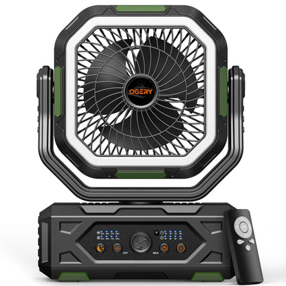 Ventilador de camping Punto Global OGERY 2026 con luz LED, batería de 30000mAh, control remoto y diseño pivotante.