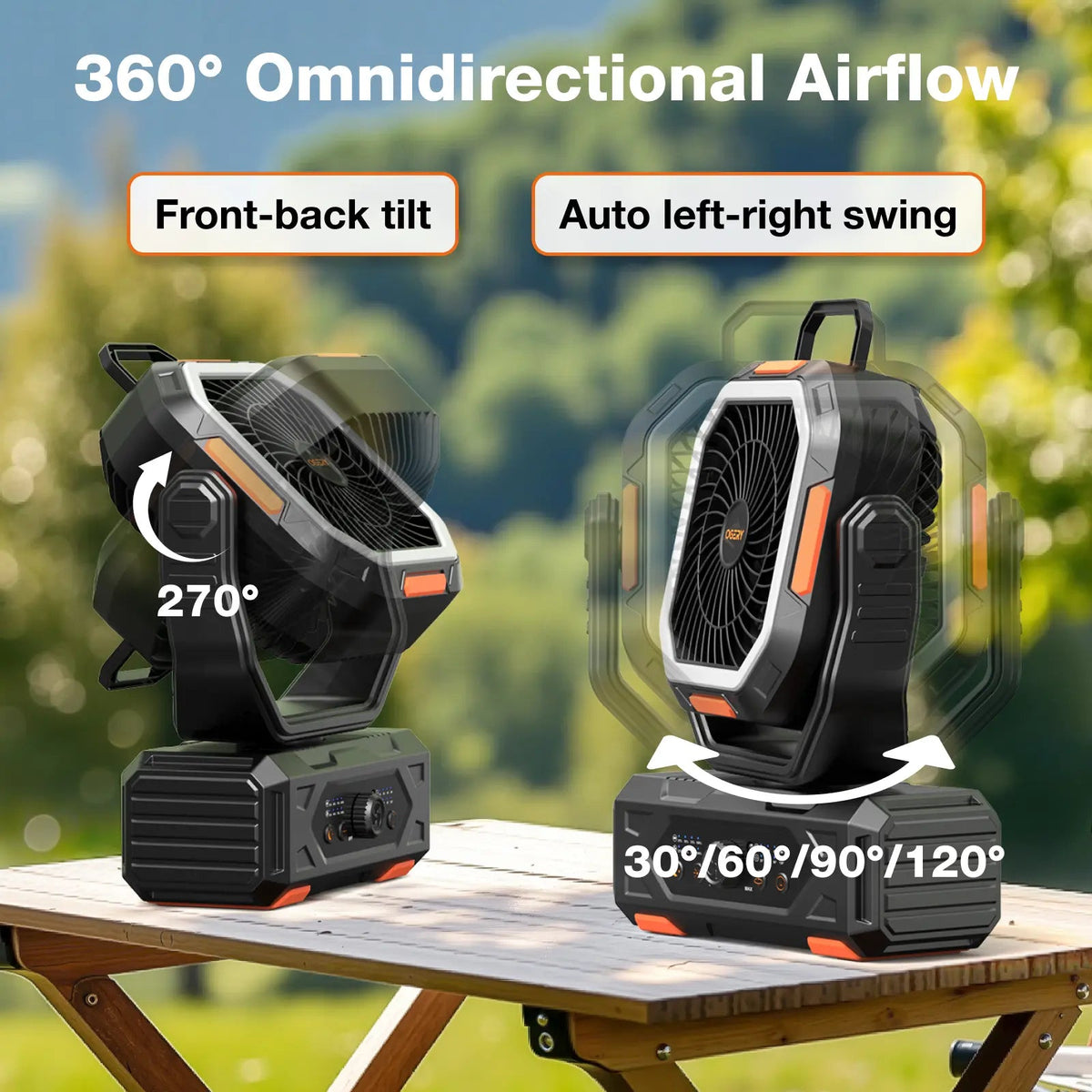 Ventilador de camping Punto Global OGERY 2026 con giro de 270 grados y oscilación automática en mesa de madera