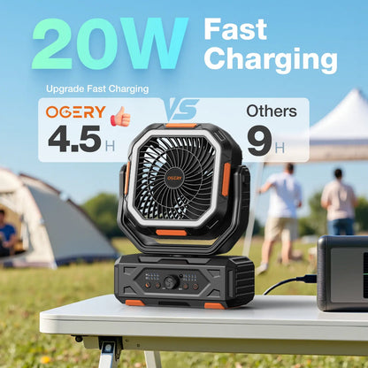 Ventilador de camping Punto Global OGERY 2026 con carga rápida, luz LED y diseño portátil en mesa de exterior