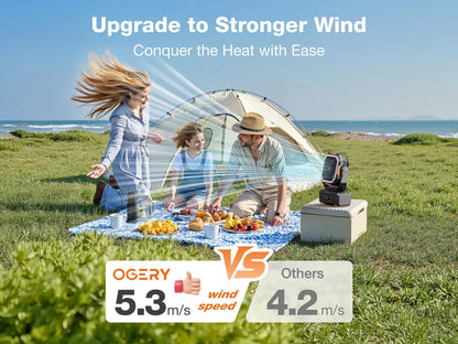Familia disfrutando de un picnic con el ventilador de camping Punto Global OGERY 2026 con luz LED y gran potencia