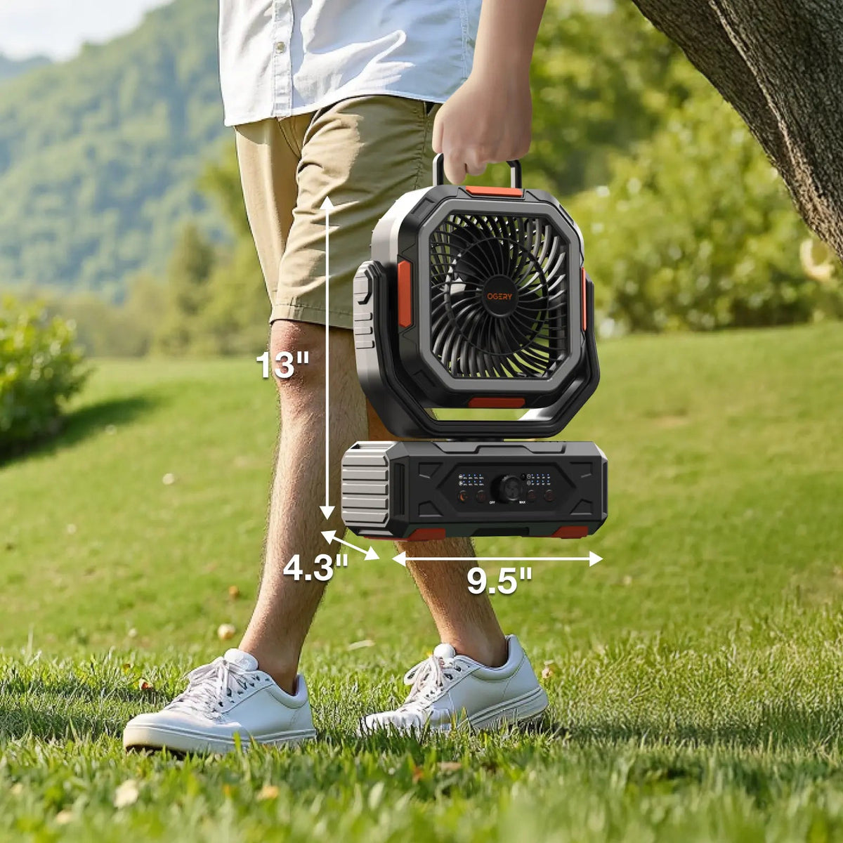 Ventilador de camping Punto Global OGERY 2026 negro con detalles naranjas, batería de 30000mAh y asa de transporte