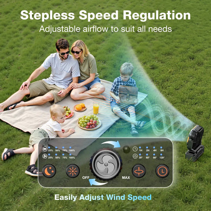 Familia de picnic usando el ventilador de camping Punto Global OGERY 2026 con control de velocidad ajustable