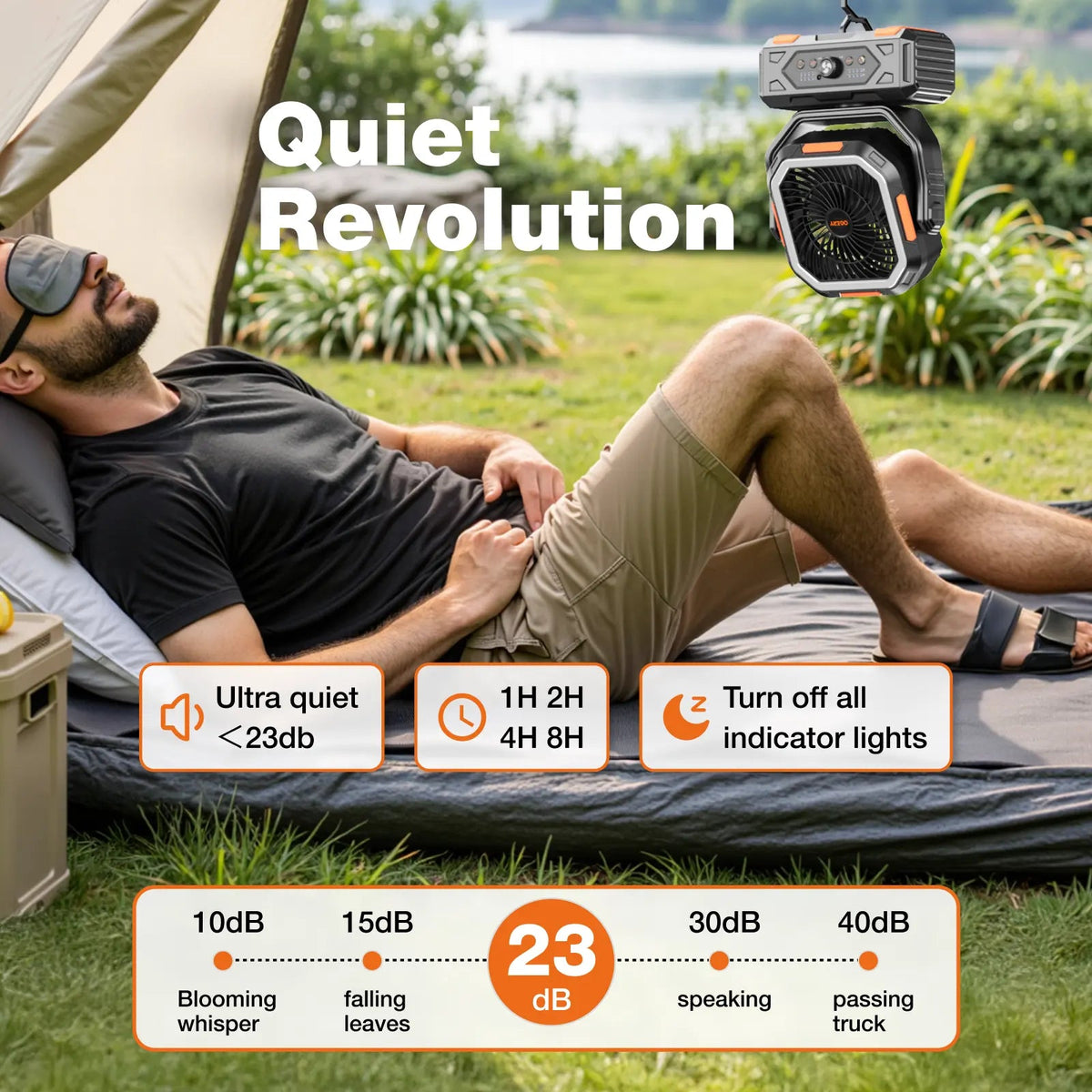 Ventilador de camping Punto Global OGERY 2026 colgado en tienda, hombre durmiendo plácidamente con antifaz en el campo.
