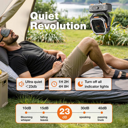 Ventilador de camping Punto Global OGERY 2026 colgado en tienda, hombre durmiendo plácidamente con antifaz en el campo.